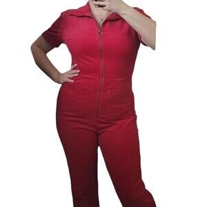 Corduroy Jumpsuit Overall M Red Stretchy Cotton Utility Retro Bootcut New